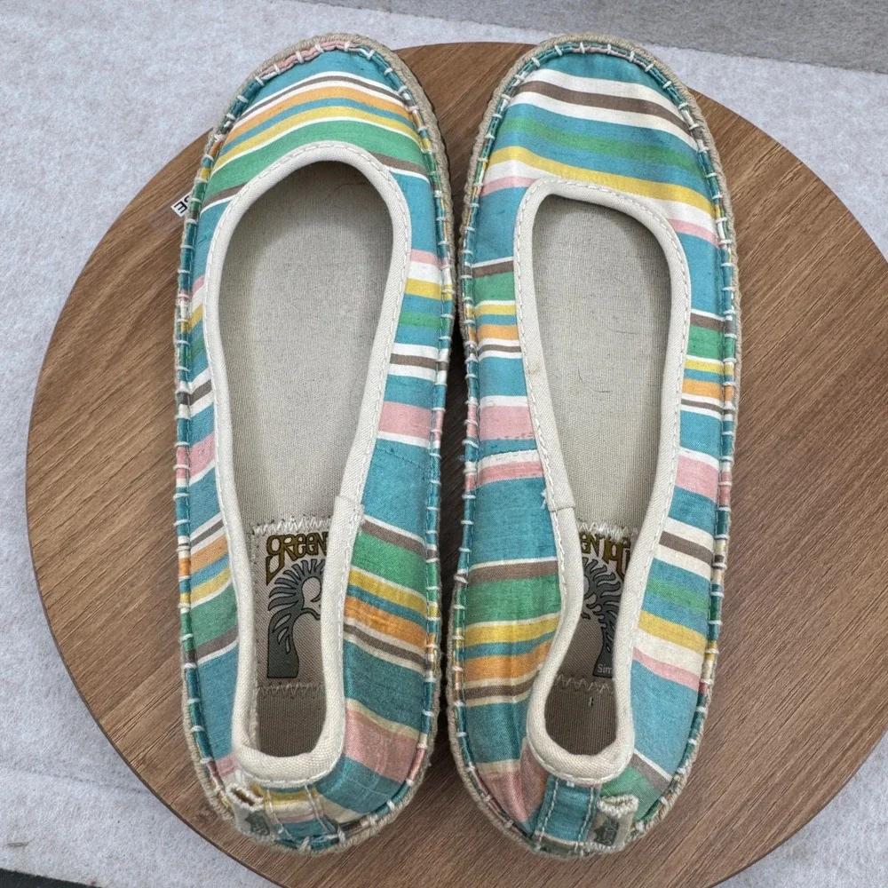 Simple‎ Green Silk Striped Espadrille Flats 7.5 Multicolor Boho Coastal Slip On
